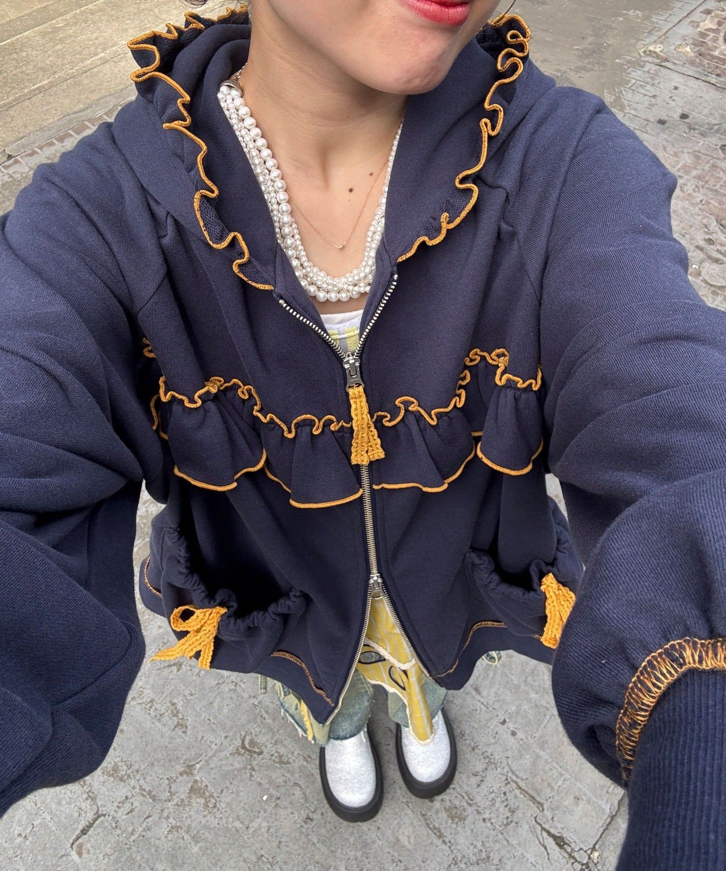 HELLO.SANFRANCISCO 拼色Ruffle Lace Hoodie Jacket