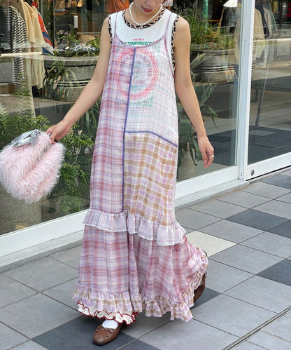 HELLO.SANFRANCISCO 透視格紋拼接吊帶連身裙