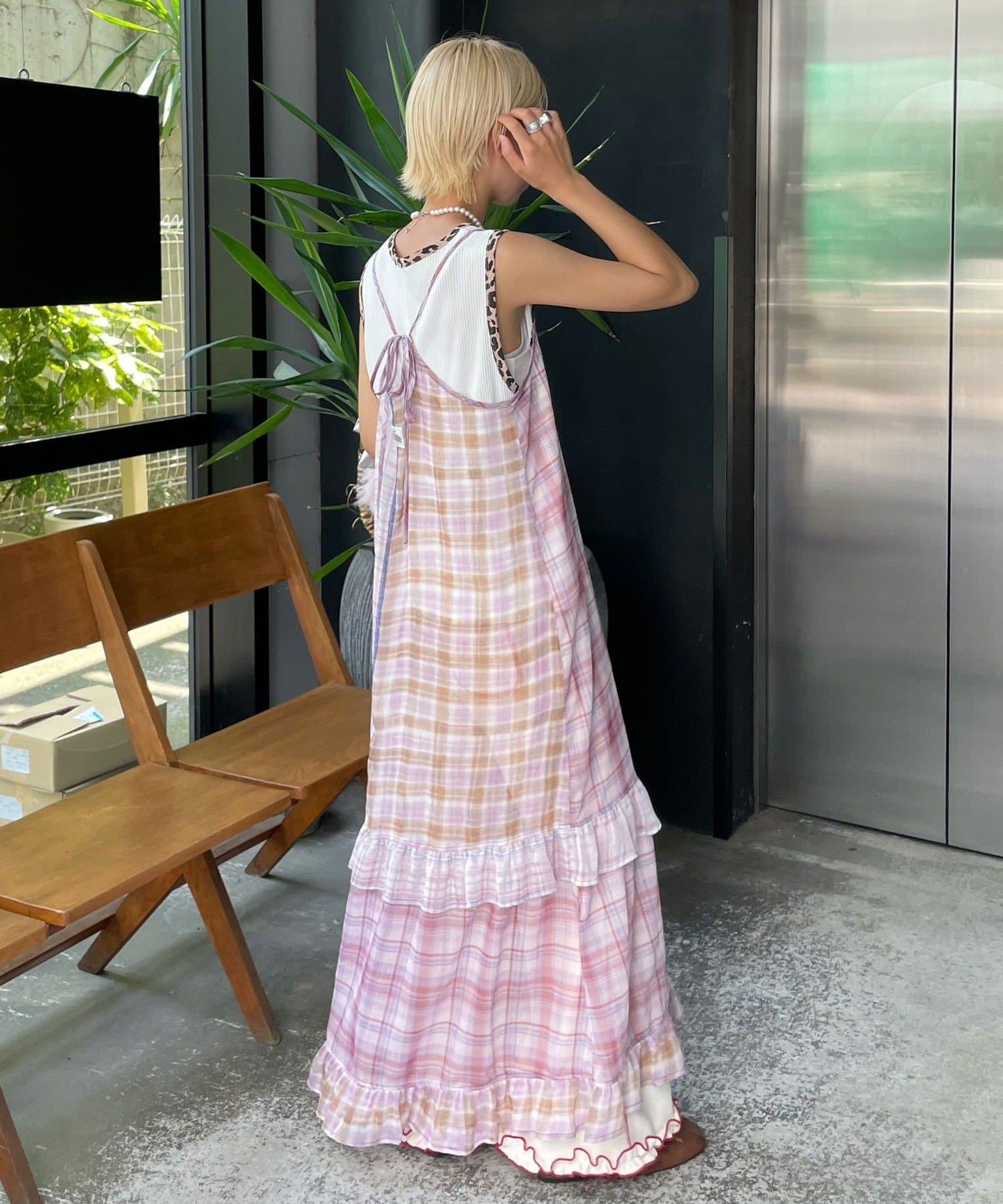 HELLO.SANFRANCISCO 透視格紋拼接吊帶連身裙