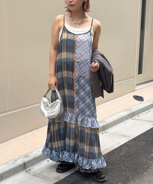 HELLO.SANFRANCISCO 透視格紋拼接吊帶連身裙