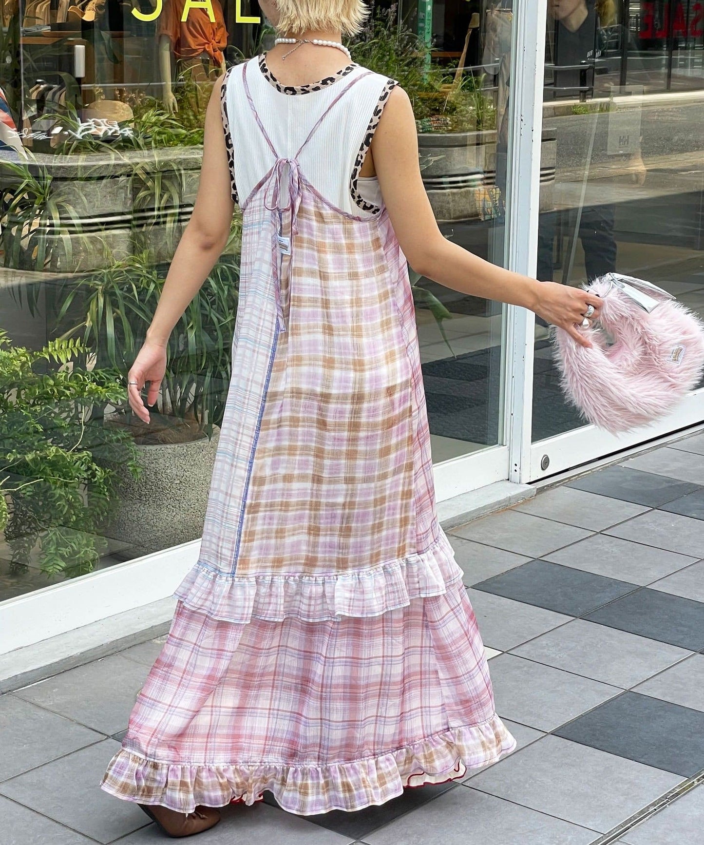 HELLO.SANFRANCISCO 透視格紋拼接吊帶連身裙