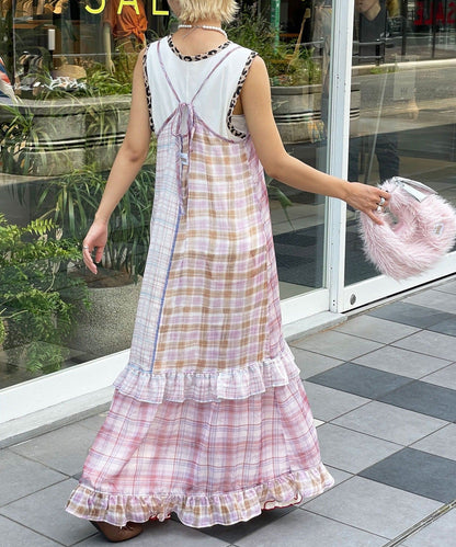 HELLO.SANFRANCISCO 透視格紋拼接吊帶連身裙