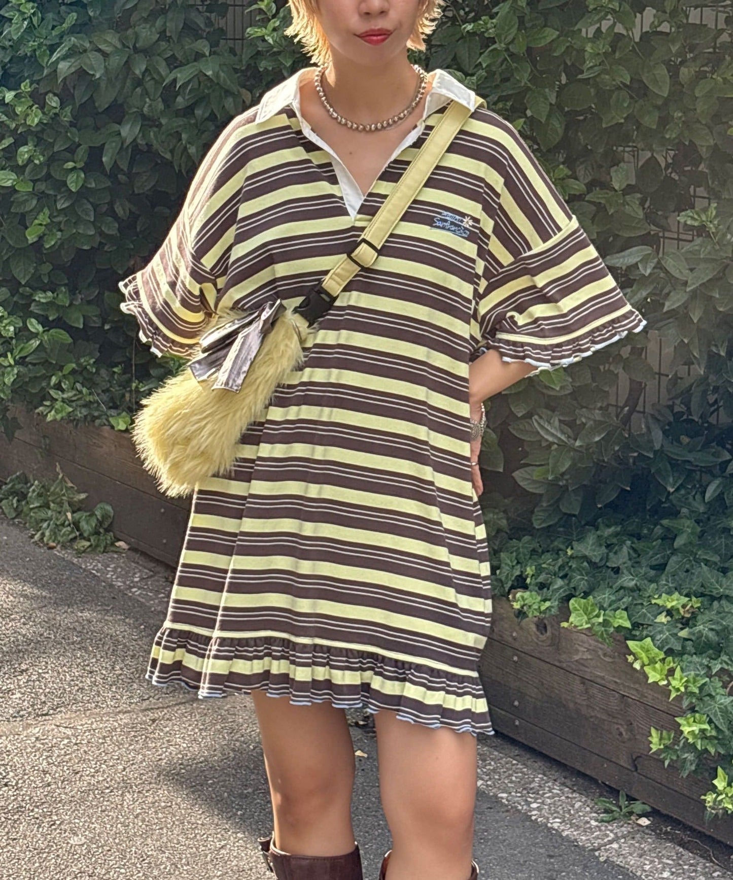 HELLO.SANFRANCISCO Ruffle邊橫條polo裙