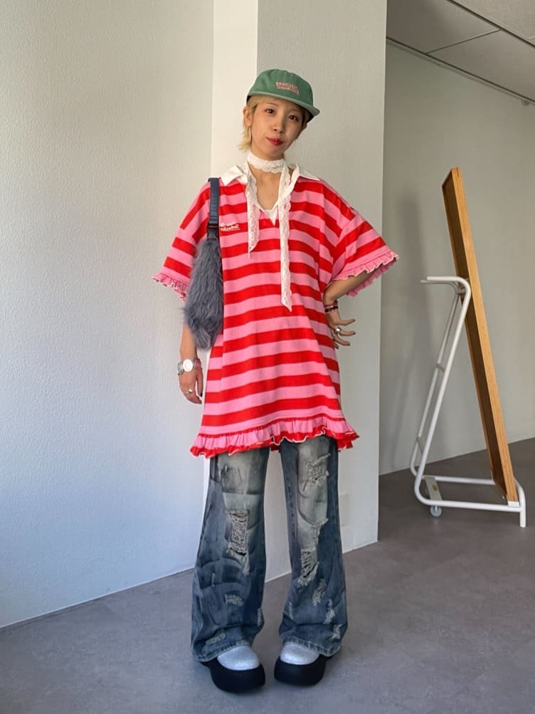 HELLO.SANFRANCISCO Ruffle邊橫條polo裙