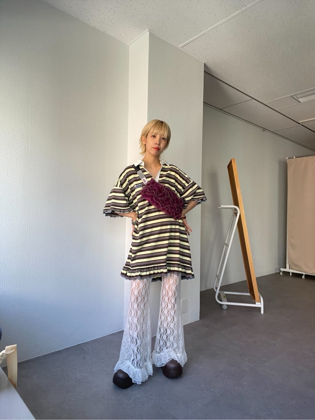 HELLO.SANFRANCISCO Ruffle邊橫條polo裙