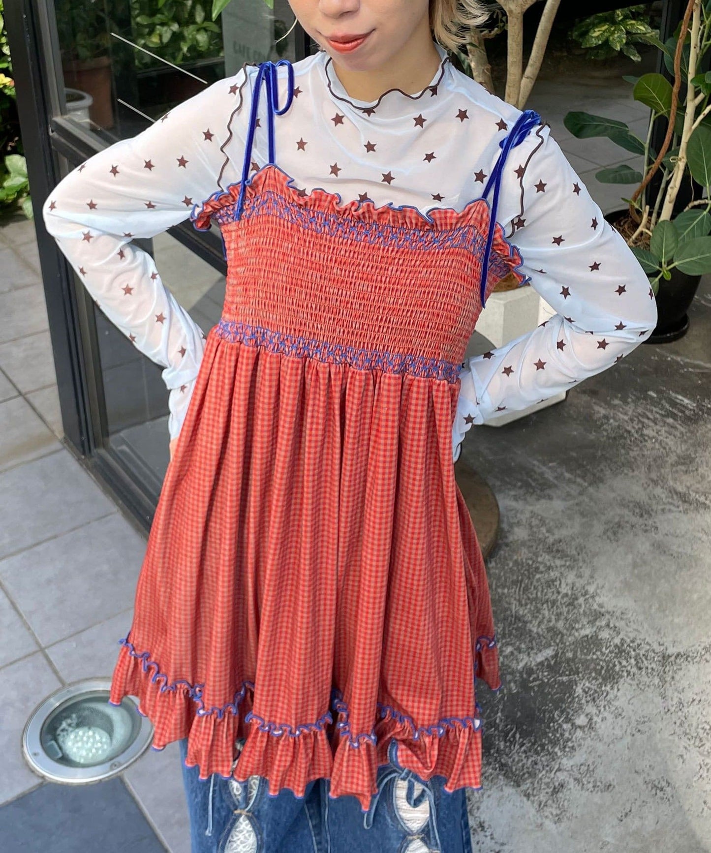 HELLO.SANFRANCISCO 格紋絲絨 shirred tunic