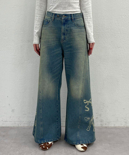 CIAOPANIC Vintage Ribbon print denim 喇叭褲