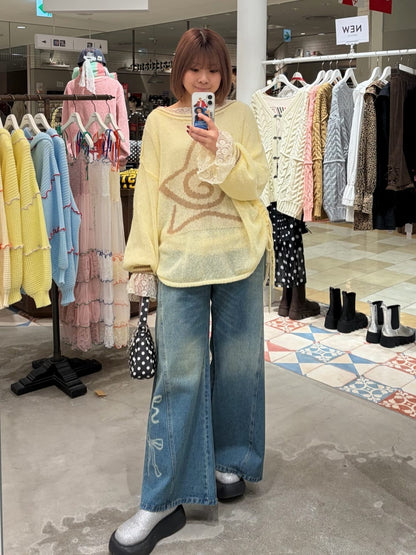 CIAOPANIC Vintage Ribbon print denim 喇叭褲