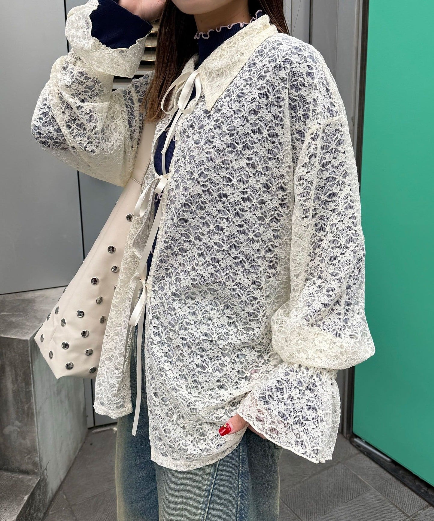 CIAOPANIC Lace ribbon cardigan with collar