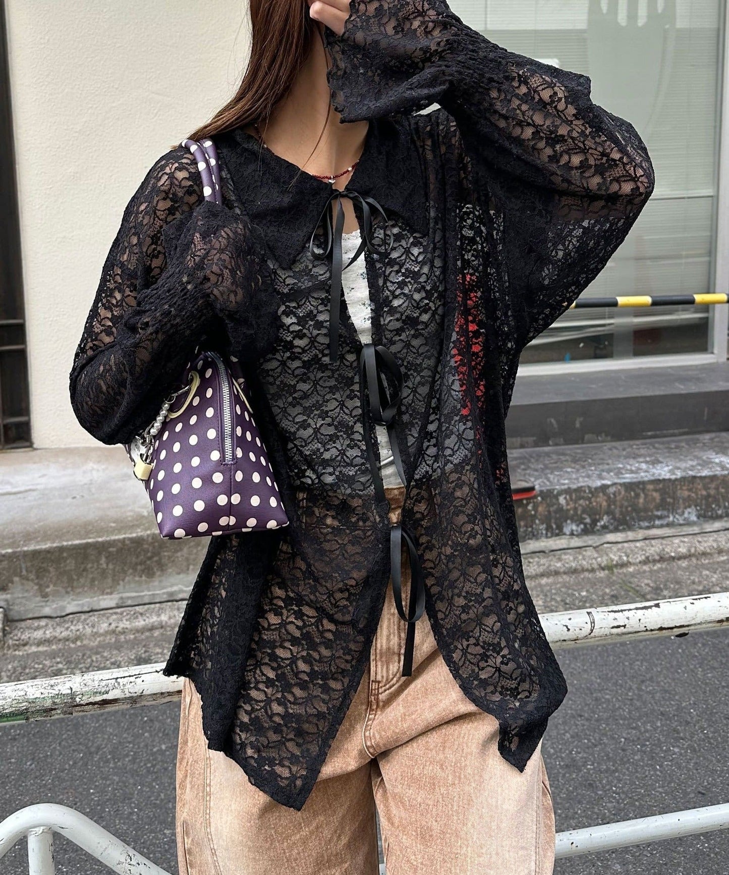 CIAOPANIC Lace ribbon cardigan with collar