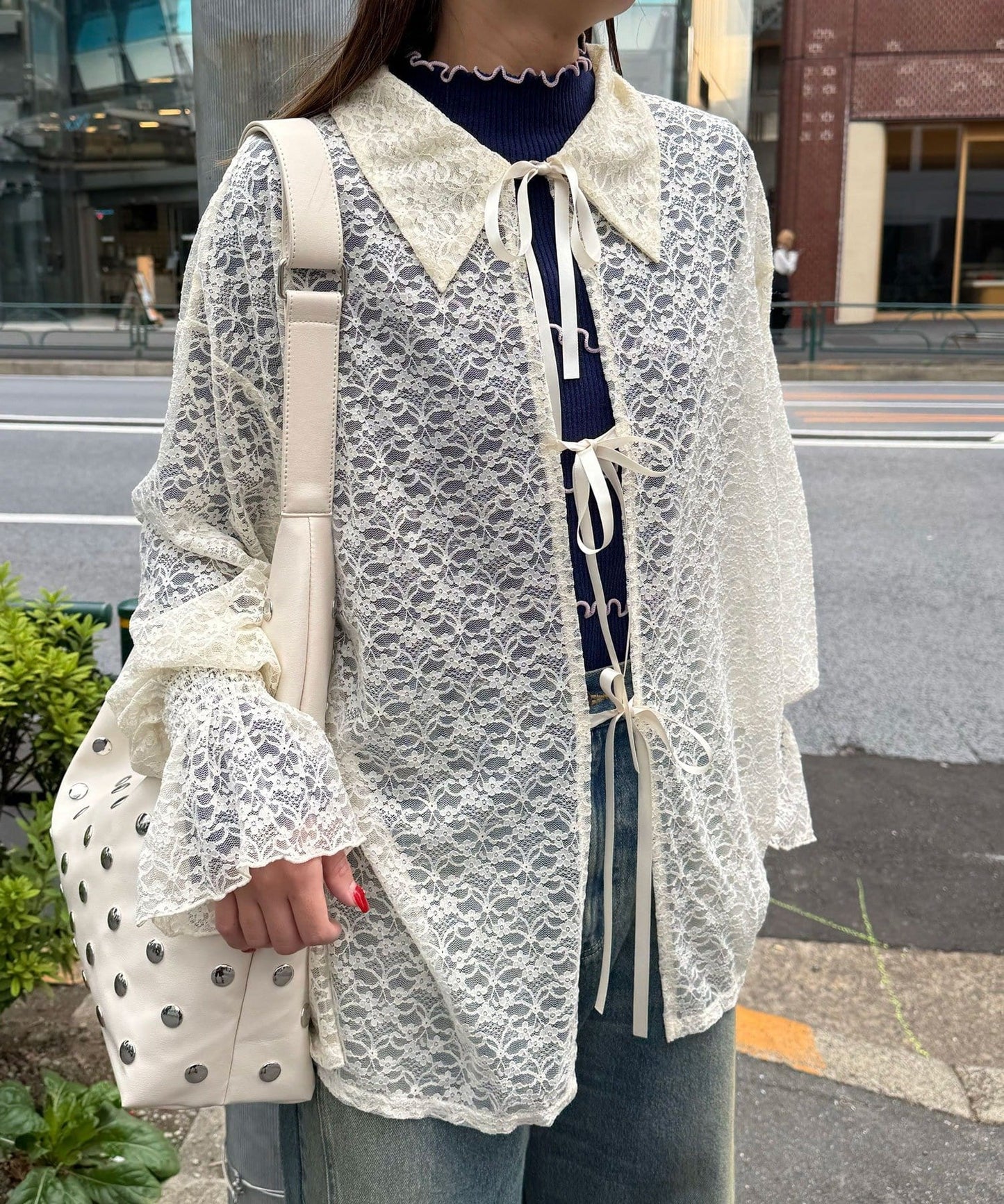 CIAOPANIC Lace ribbon cardigan with collar