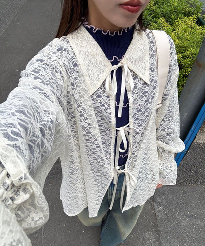 CIAOPANIC Lace ribbon cardigan with collar