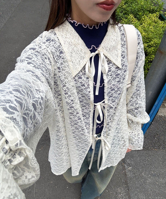 CIAOPANIC Lace ribbon cardigan with collar