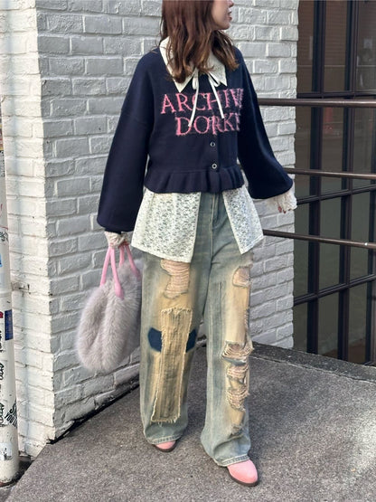 CIAOPANIC Lace ribbon cardigan with collar