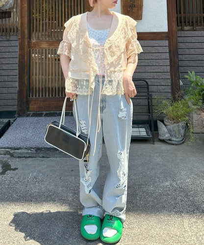 フリル＆レース半袖ブラウス