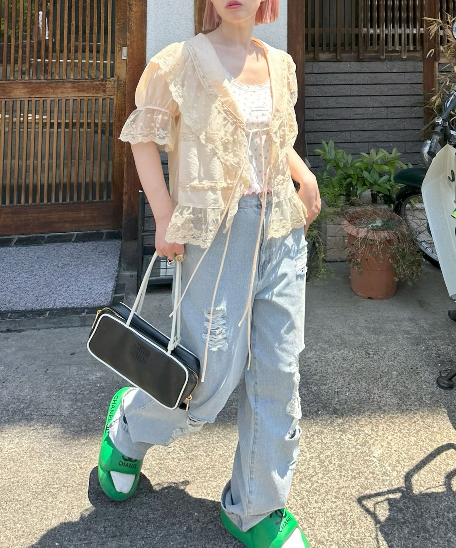 フリル＆レース半袖ブラウス