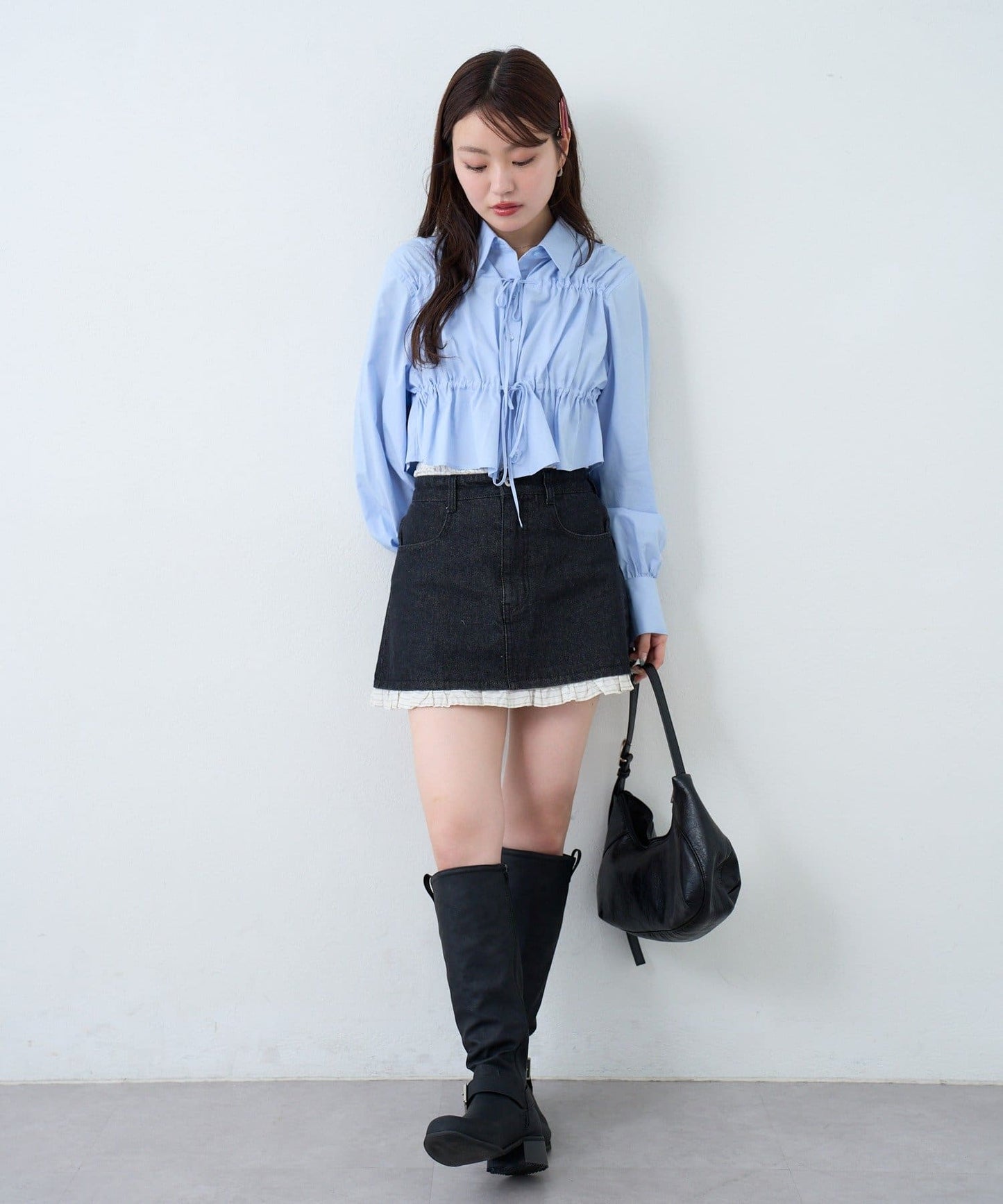 Kastane 拼色荷葉邊牛仔迷你裙