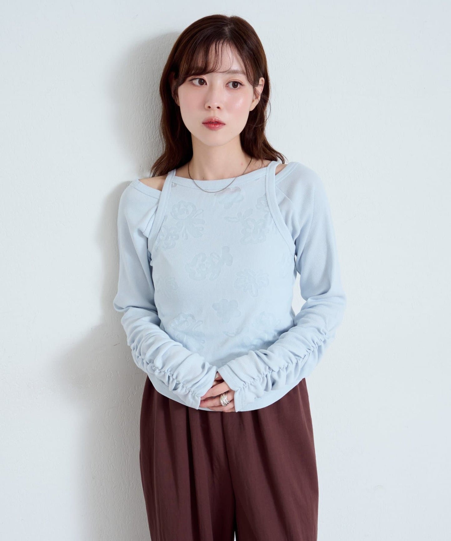 Kastane 暗花吊帶＋長䄂衫SET