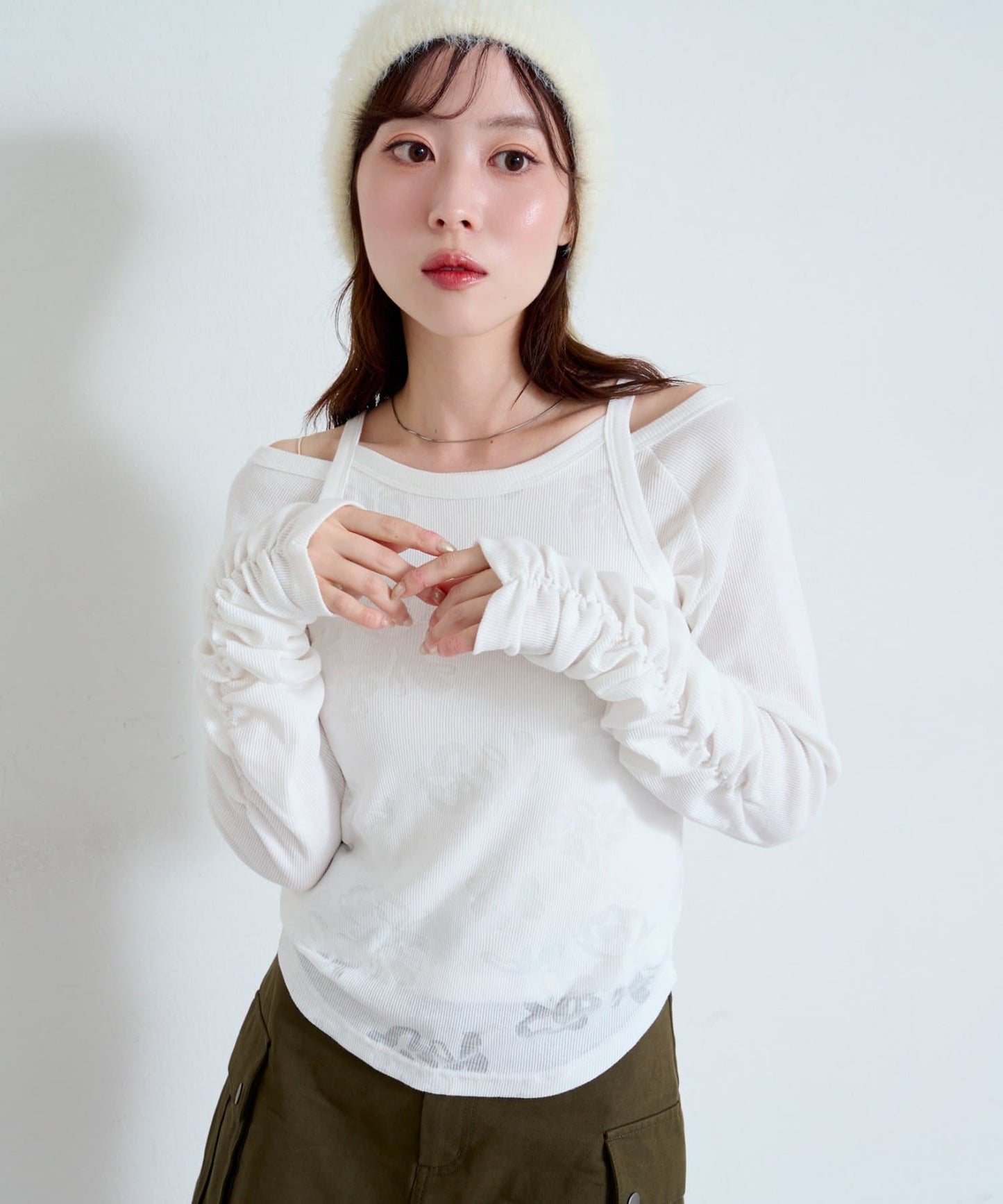 Kastane 暗花吊帶＋長䄂衫SET