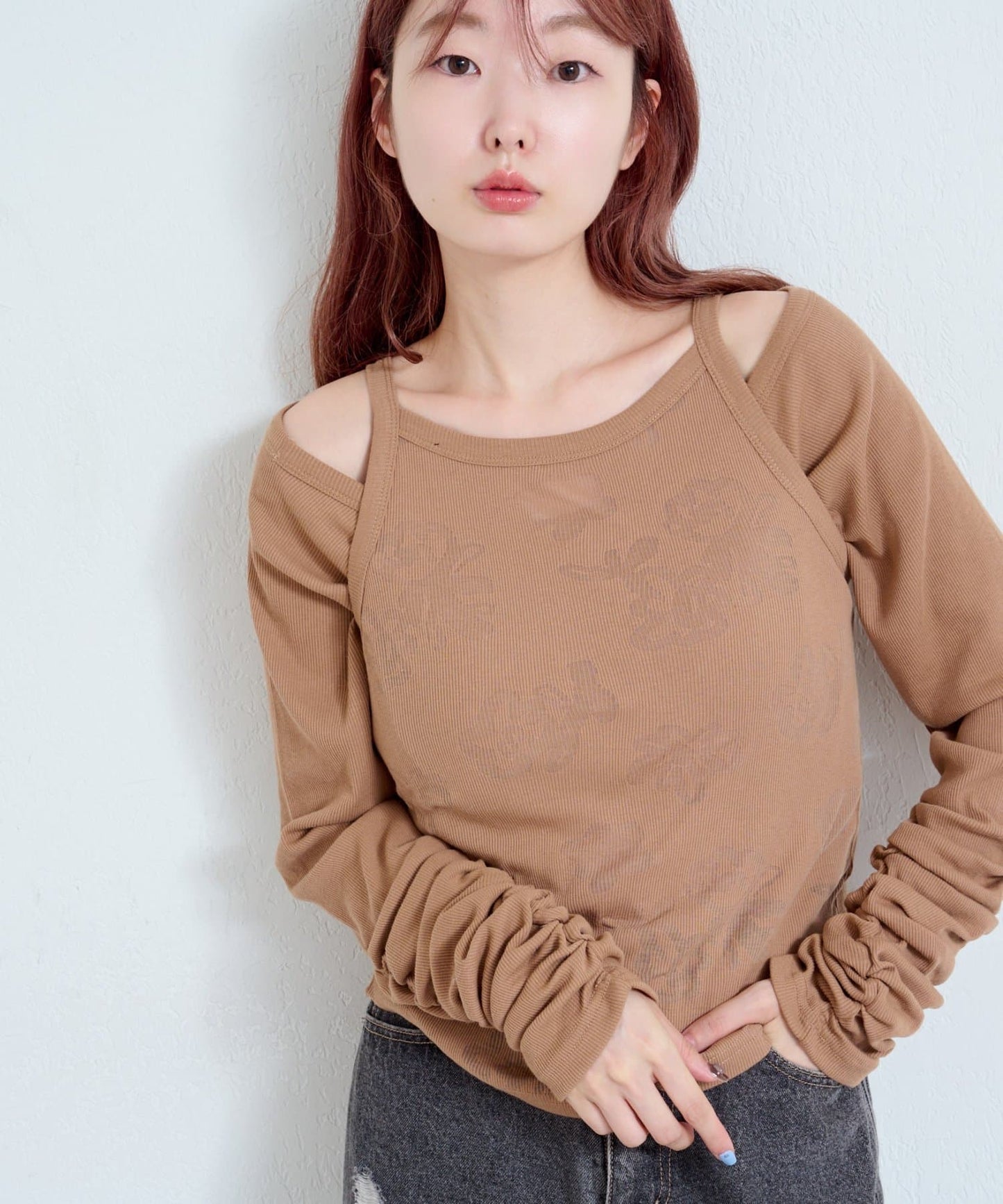 Kastane 暗花吊帶＋長䄂衫SET