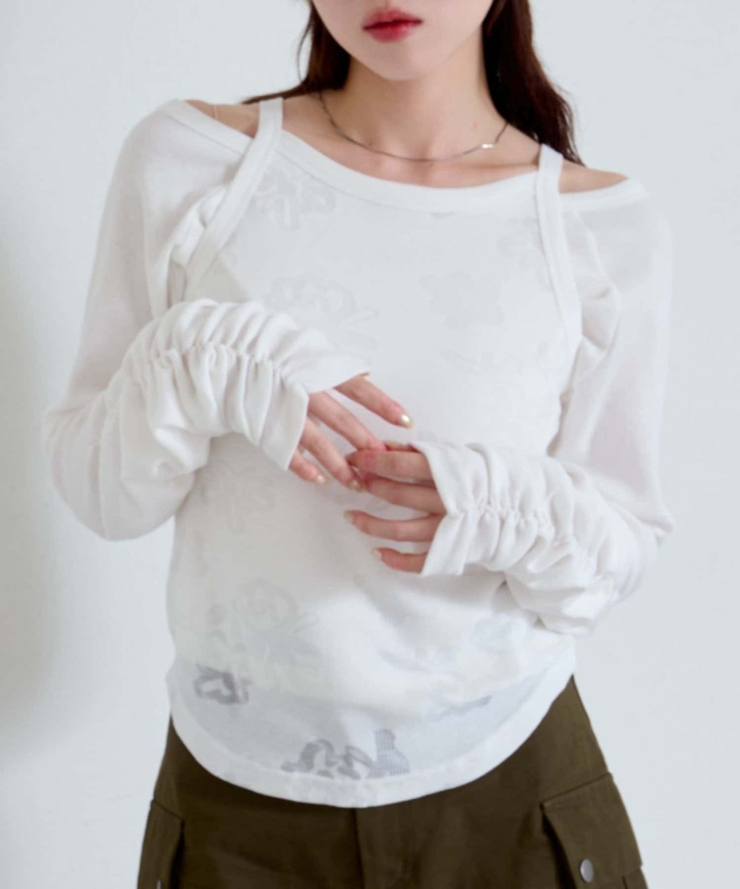 Kastane 暗花吊帶＋長䄂衫SET