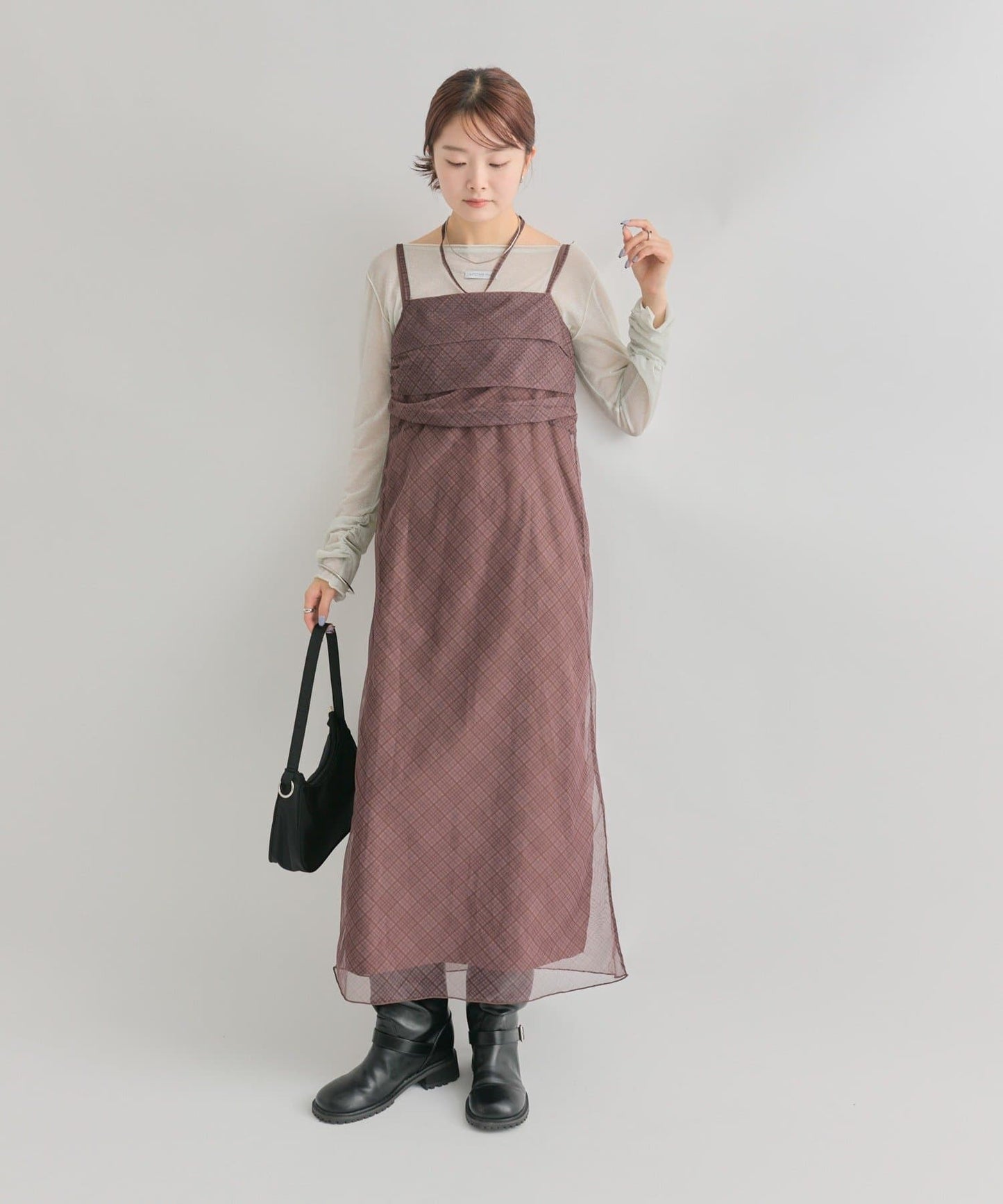 mystic 透視格紋吊帶裙