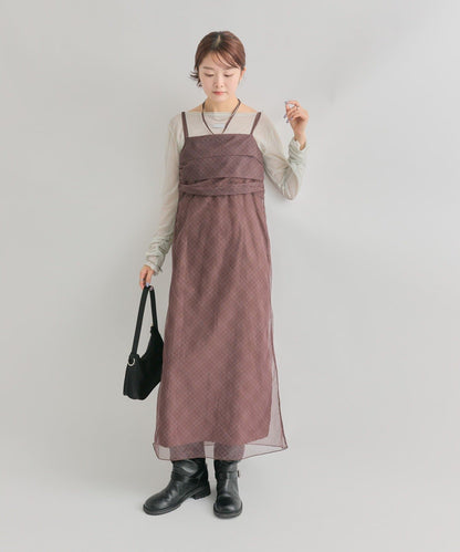 mystic 透視格紋吊帶裙