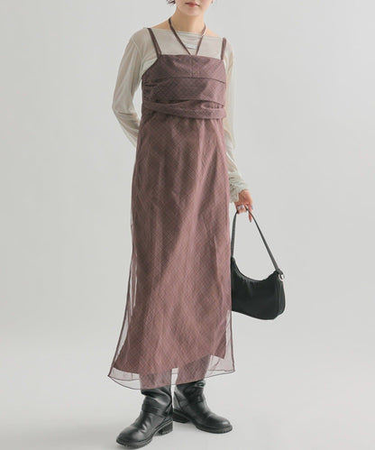 mystic 透視格紋吊帶裙