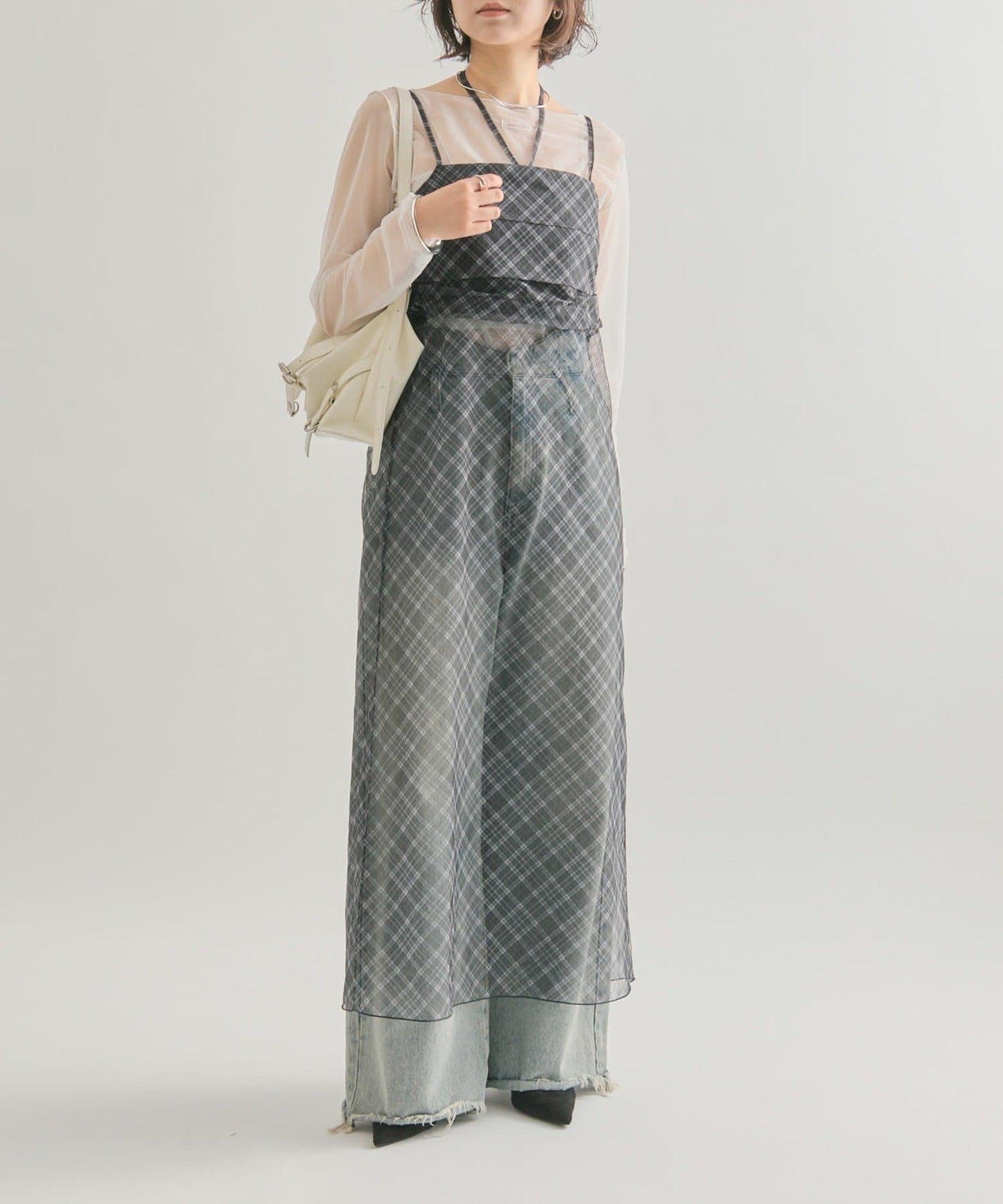 mystic 透視格紋吊帶裙