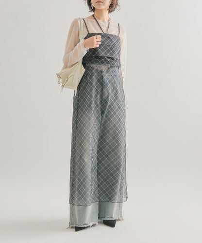 mystic 透視格紋吊帶裙