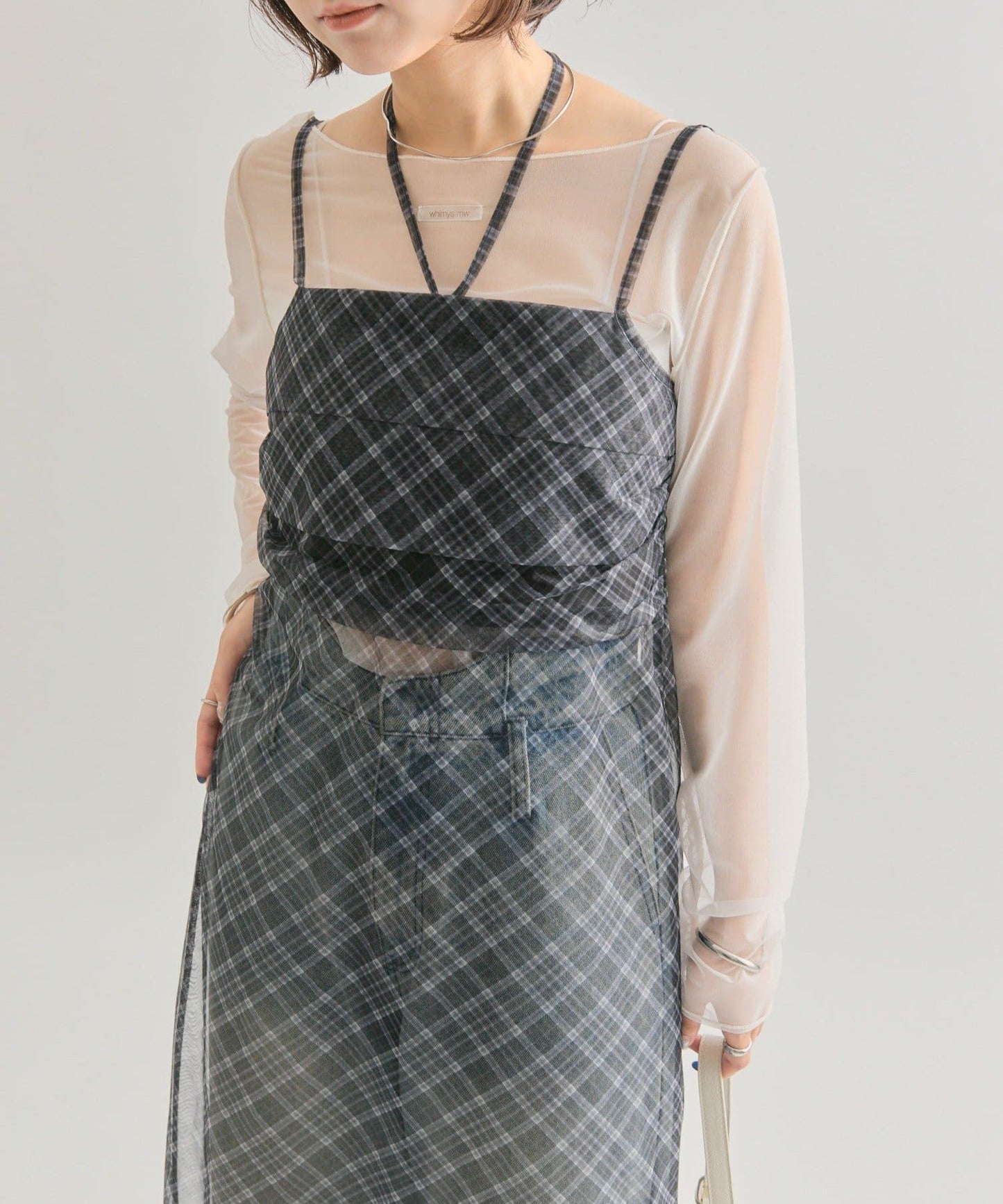 mystic 透視格紋吊帶裙