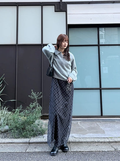 mystic 透視格紋吊帶裙