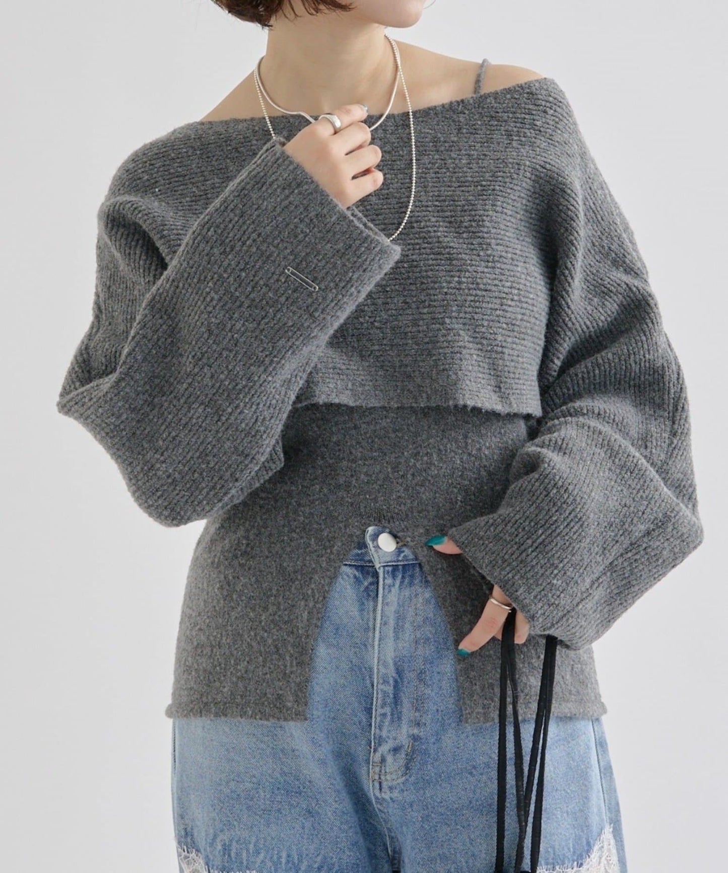 mystic 交叉針織開衩上衣+吊帶背心set