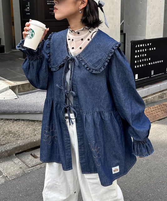 HELLO.SANFRANCISCO 花花刺繡牛仔Blouse