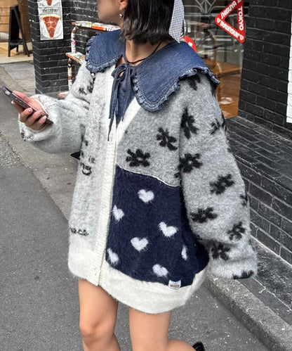 HELLO.SANFRANCISCO 拼接心心紐扣 cardigan