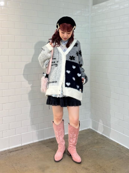 HELLO.SANFRANCISCO 拼接心心紐扣 cardigan