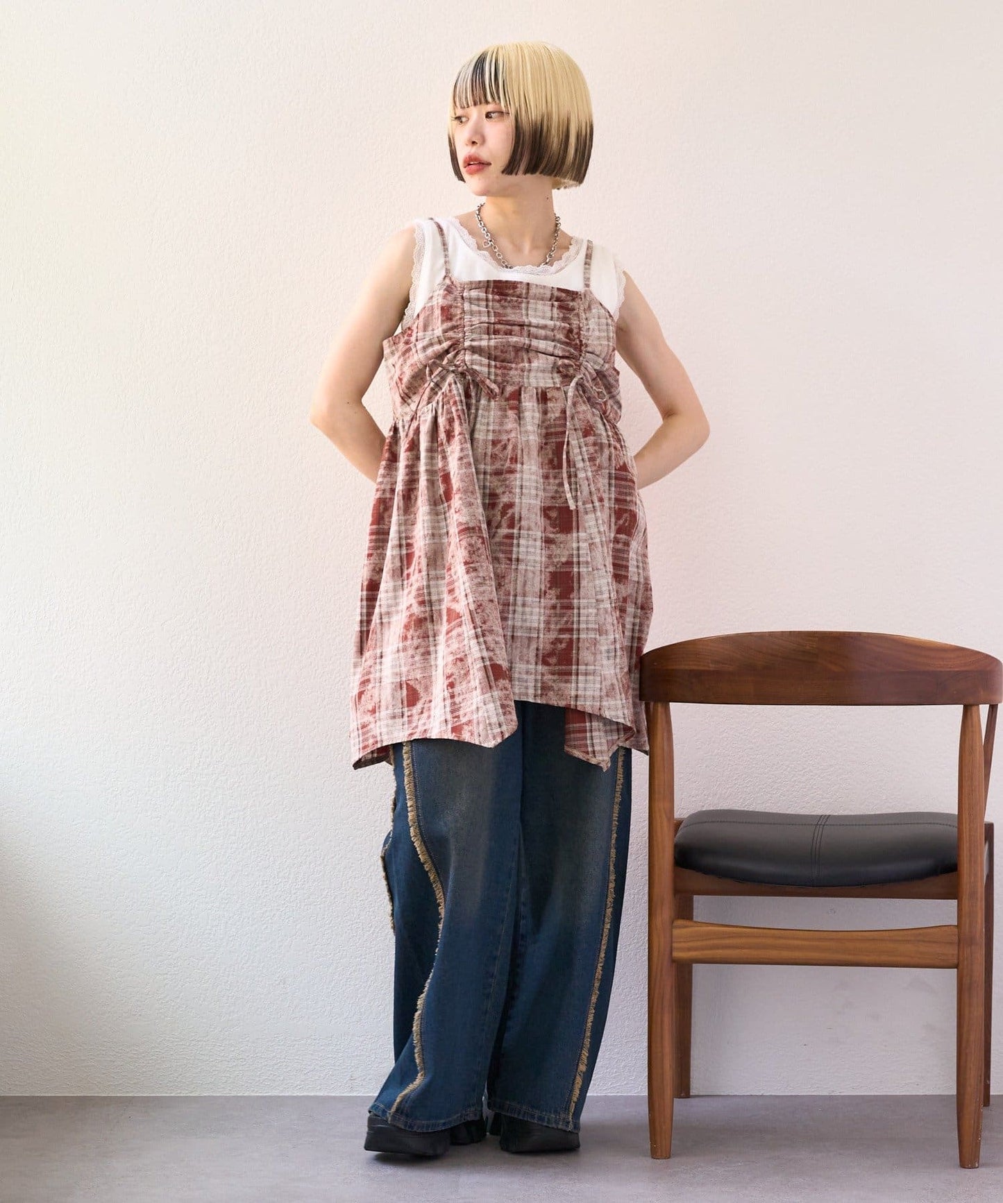 w closet 格紋吊帶連身裙