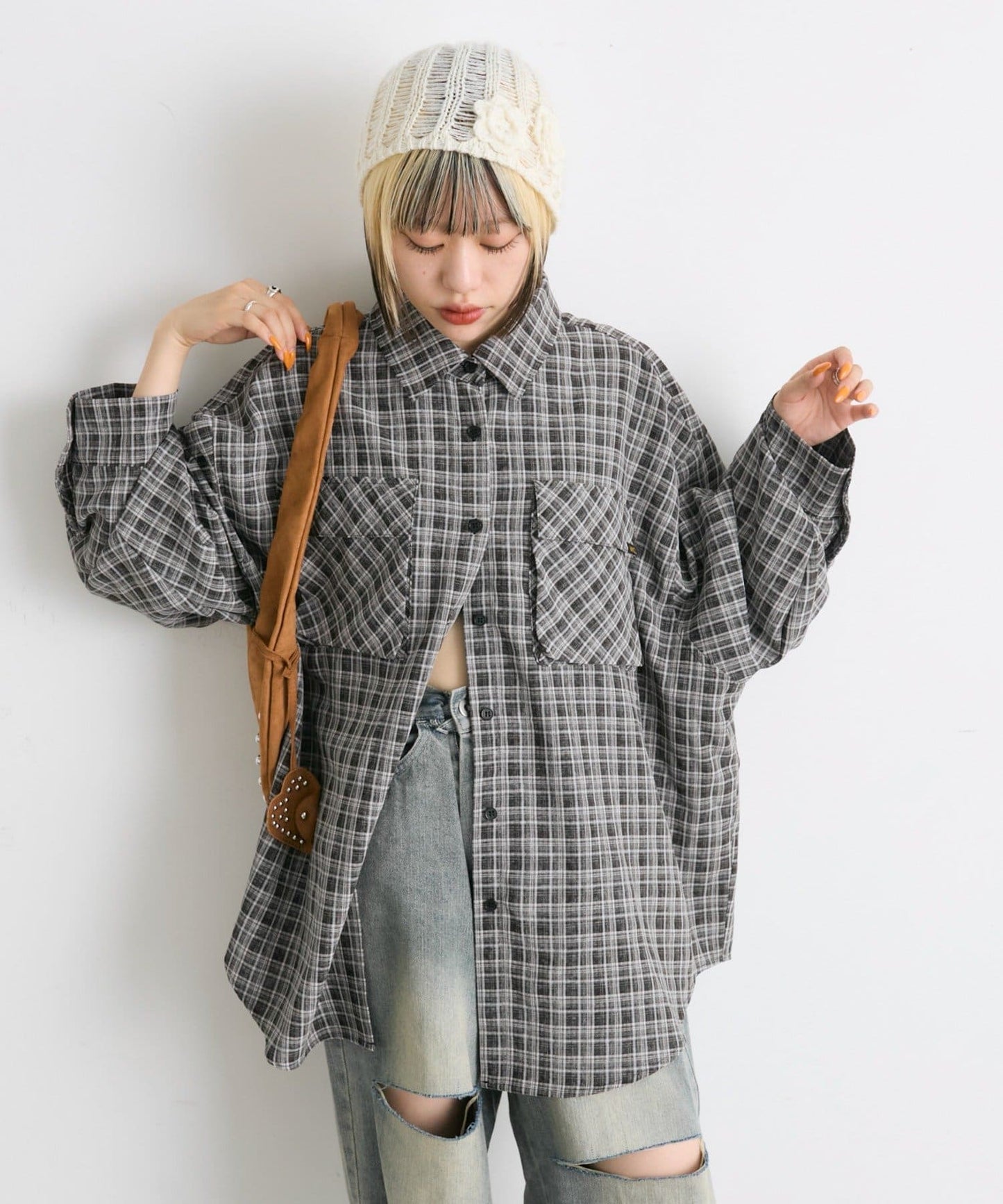 w closet 大口袋格紋襯衫