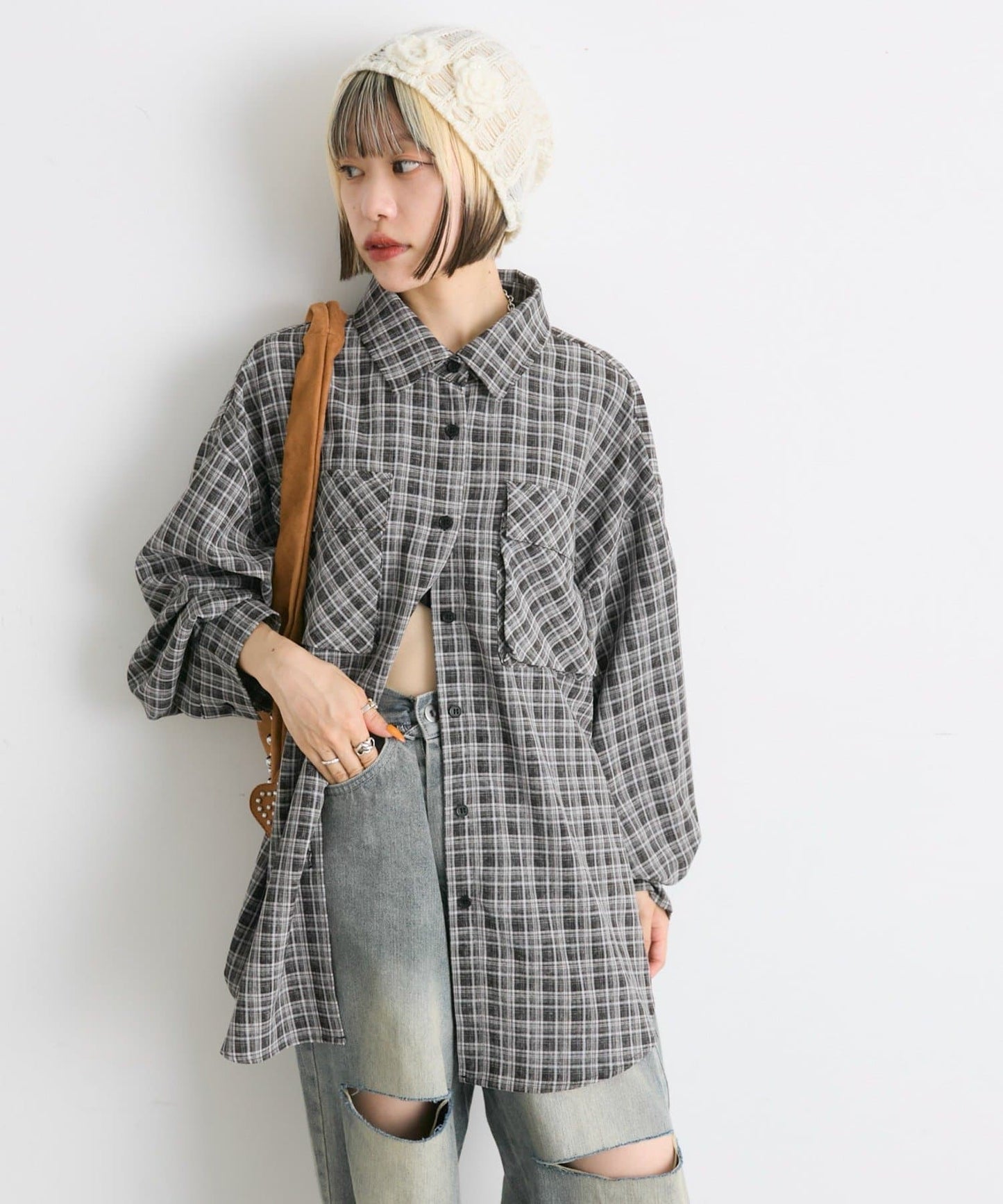 w closet 大口袋格紋襯衫