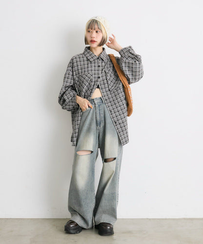 w closet 大口袋格紋襯衫