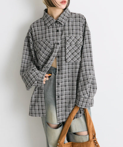 w closet 大口袋格紋襯衫