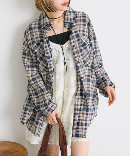 w closet 大口袋格紋襯衫