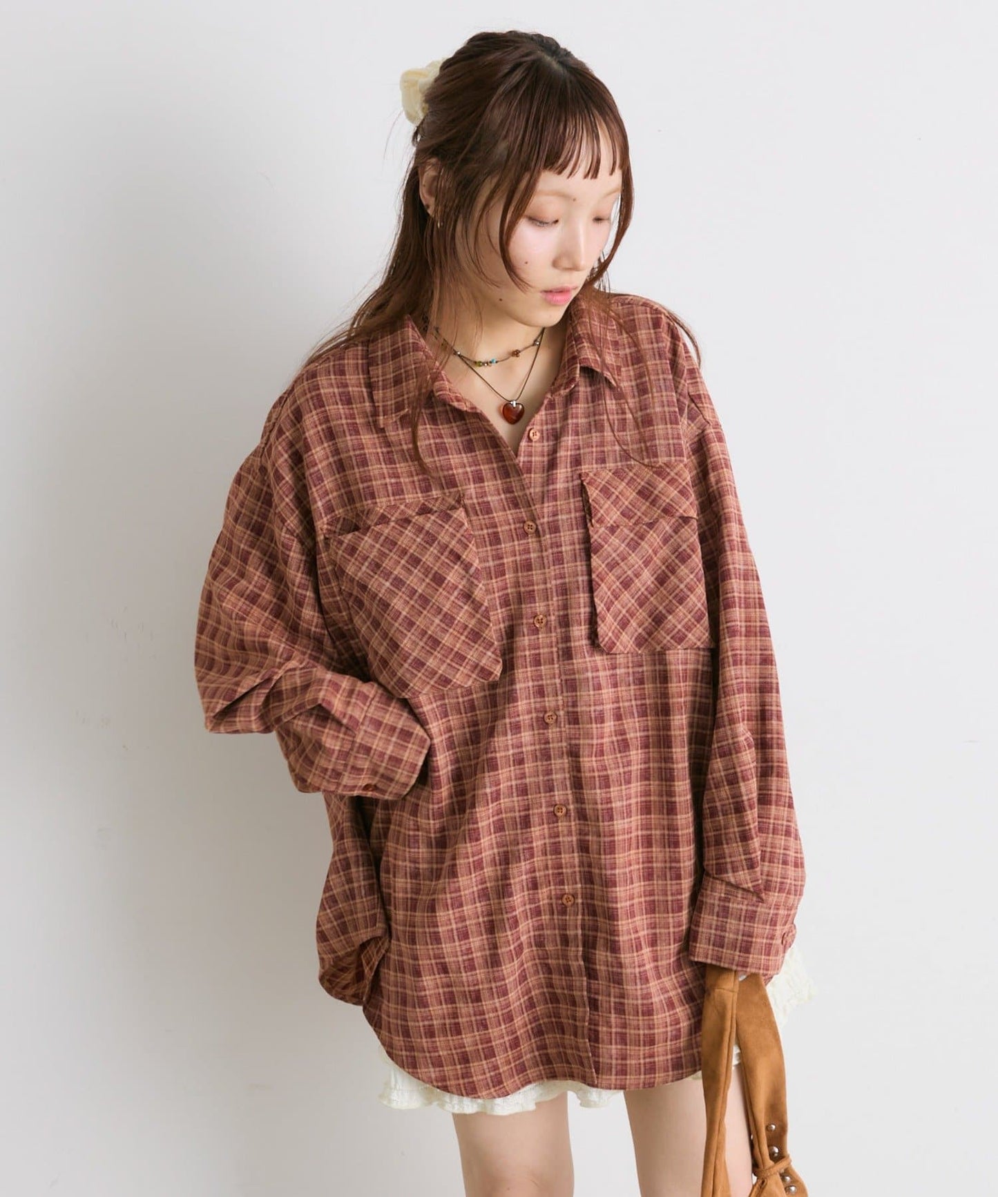 w closet 大口袋格紋襯衫