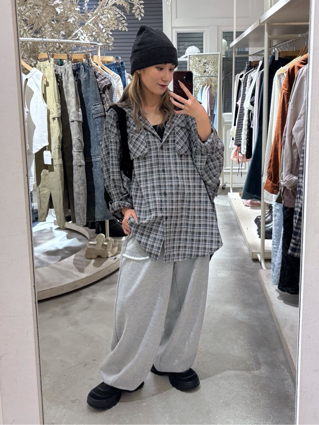 w closet 大口袋格紋襯衫