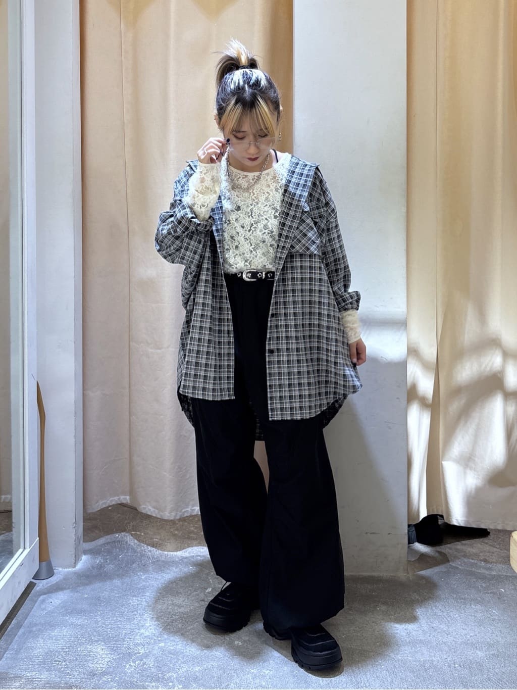 w closet 大口袋格紋襯衫