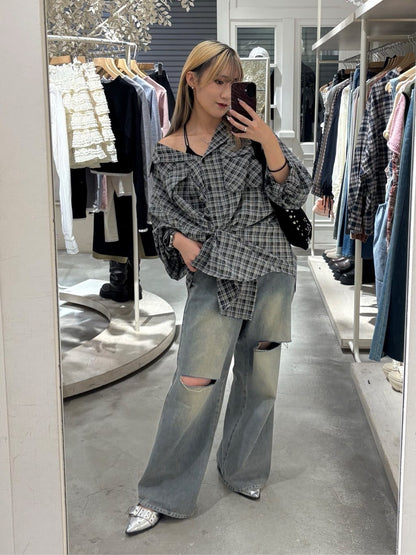 w closet 大口袋格紋襯衫