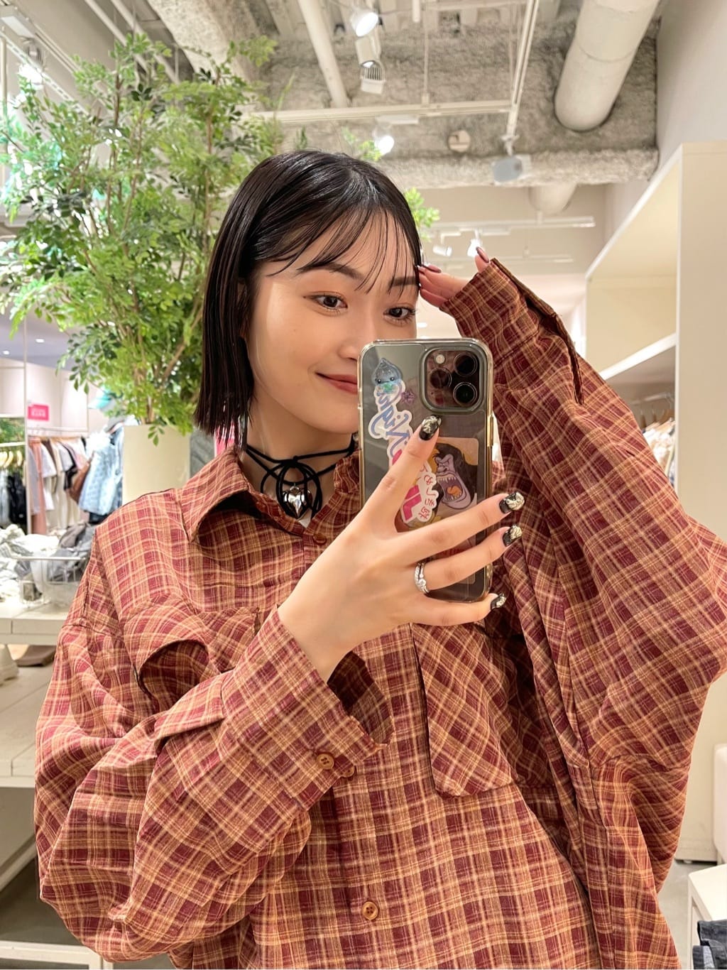 w closet 大口袋格紋襯衫