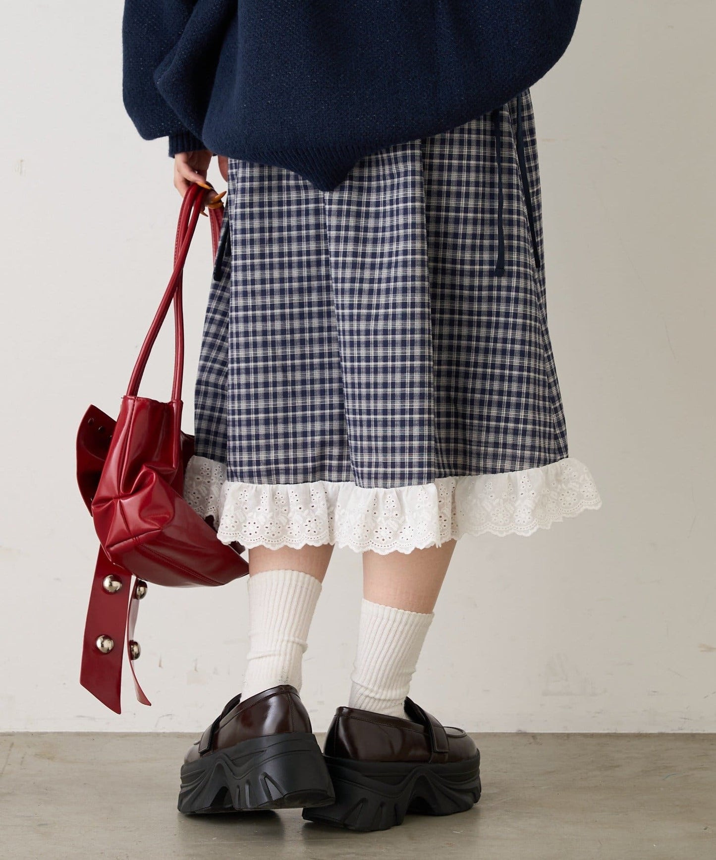 w closet 格紋荷葉邊中長裙