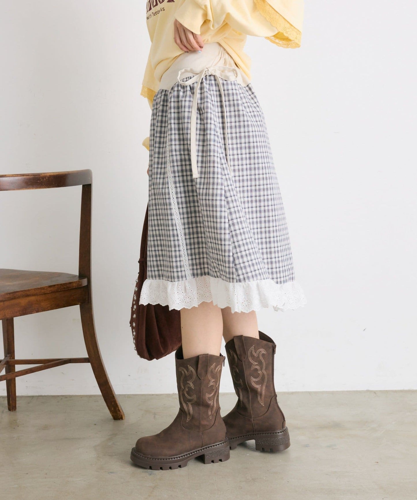 w closet 格紋荷葉邊中長裙