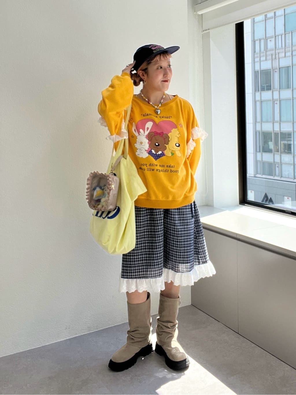 w closet 格紋荷葉邊中長裙